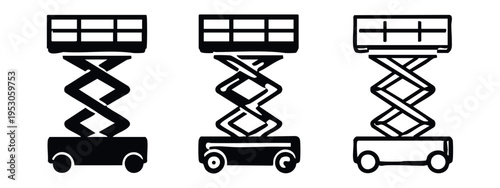 Scissor Lift Platform Icons, Industrial Elevating Equipment Pictograms