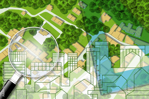 Tableau sur toile Real Estate concept with an imaginary cadastral map of territory with cityscape,
