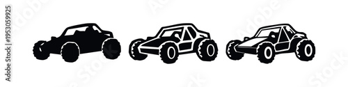 Off-road dune buggy vehicle vector icons presented in solid, outlined silhouette, and line art styles on white background.