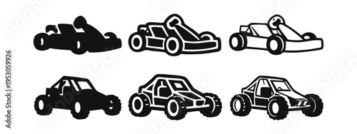 Collection of go-kart and dune buggy vector icons featuring solid, outlined silhouette, and line art styles on white background.