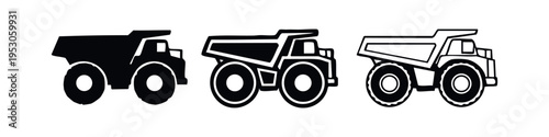 Heavy mining dump truck vector icons in solid, outlined silhouette, and line art styles, isolated on white background.