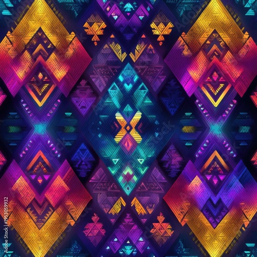 Colorful, textured diamond pattern with tribal or southwestern inspired designs