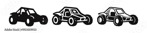 Off-road dune buggy vehicle vector icons in three distinct styles: solid, silhouette with outline, and outline, on white.
