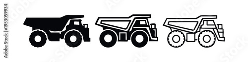 Large mining dump truck vector icons presented in solid, outlined silhouette, and line art styles, isolated on white background.