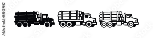 Logging truck vector icons featuring solid, outlined silhouette, and line art style variations, isolated on white background.