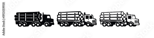 Logging truck vector icons displaying solid, outlined silhouette, and line art design variations, isolated on white background.