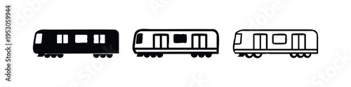 Subway Train Car Icons: Urban Metro Transport Silhouette and Outline Vector Set for Public Transit