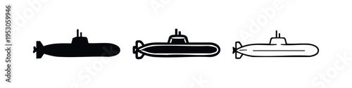 Submarine Icons: Underwater Vessel Silhouette and Outline Vector Illustration for Naval Themes