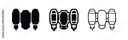 Jetpack Back View Icons: Personal Rocket Pack Silhouette and Outline Vector Set for Sci-Fi Transport