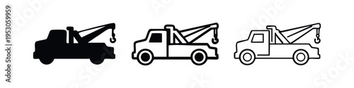 Tow truck icon set with solid, filled outline, and outline styles for emergency roadside assistance, front view.