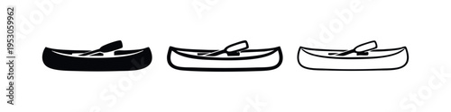 Canoe with paddles icon set in solid, filled outline, and outline styles for outdoor water sports and recreation.