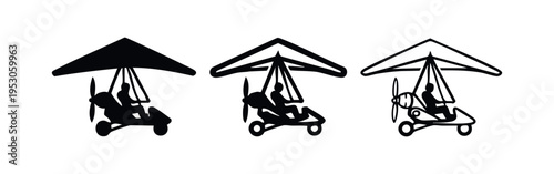 Ultralight Aircraft Icons: Powered Hang Glider Silhouette and Outline Vector Set for Airsport