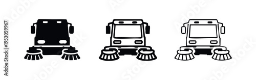 Street sweeper truck icon set in solid, filled outline, and outline styles, front view for urban cleaning.