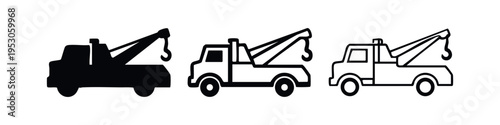Tow truck icon set in solid, filled outline, and outline styles, side view illustration for vehicle recovery.