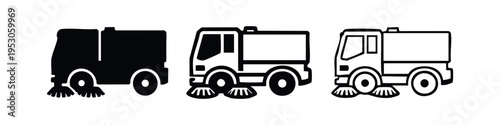 Street sweeper truck icon set in solid, filled outline, and outline styles, side view for municipal services.
