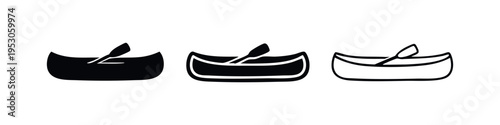 Canoe with paddles icon set in solid, filled outline, and outline styles for outdoor water sports and recreation.