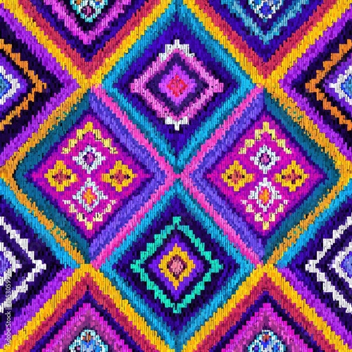 Colorful, textured diamond pattern in hues of purple, blue, yellow, pink, and green