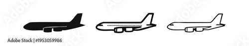 Airplane icon set in solid, filled outline, and outline styles, symbolizing air travel and commercial aviation.