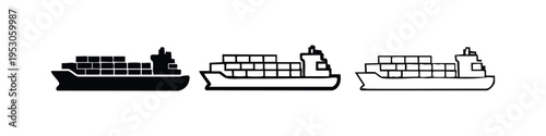 Cargo container ship icon set. Maritime freight and global logistics symbols.