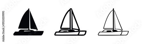 Sailboat icon set in solid, filled outline, and outline styles, featuring a classic monohull design for maritime themes.