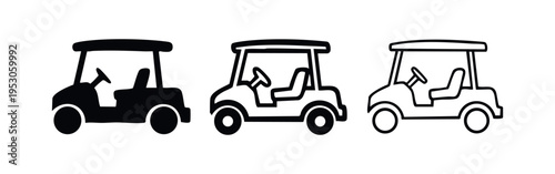 Golf cart vehicle icon set. Electric buggy and course transportation symbols.
