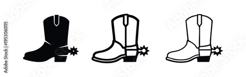 Cowboy Boots with Spurs Icon Set. Western Rodeo Footwear Vector Illustration. Country Style Boot Symbol.