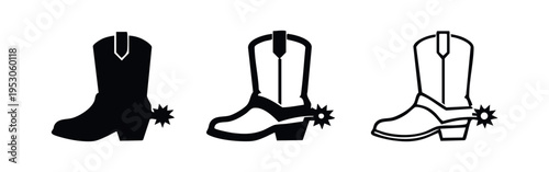 Cowboy Boot with Spur Icons Set - Western Style Footwear Silhouettes and Outlines, Vector Illustration