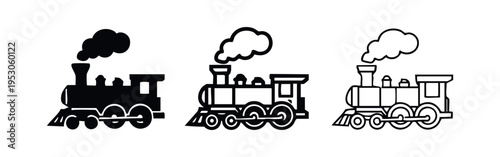 Steam Locomotive Icons Set - Classic Train Engine Silhouettes and Outline Styles with Smoke, Vector Art