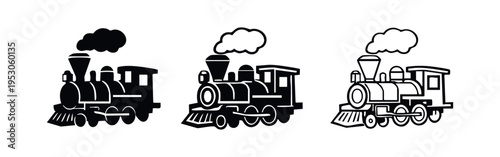 Steam Train Icons Set - Collection of Classic Locomotive Silhouettes and Outlines with Smoke, Vector Illustration
