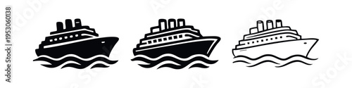 Cruise Ship Icons Set - Ocean Liner Silhouettes and Outline Styles with Waves, Travel and Vacation Symbol