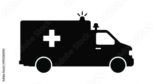 Emergency medical services vehicle ambulance silhouette with lights on isolated on white background for healthcare and medical transportation concepts