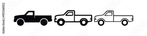 Pickup Truck Icons Set - Utility Vehicle Silhouettes and Outline Styles, Transportation Vector Illustration