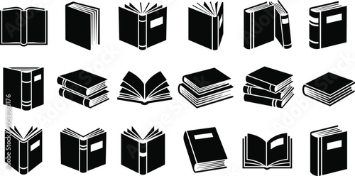 Book icons, solid black silhouette vector illustrations, library literature symbols, reading education signs, textbook stacks, academic school equipment, publishing items