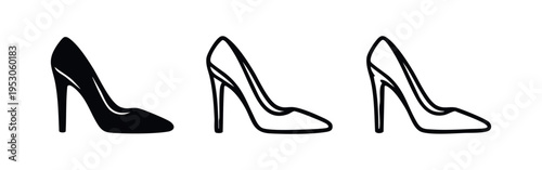 Elegant High Heel Shoes Icons. Black and White Vector Symbols of Stiletto Footwear for Women.