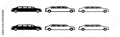 Limousine Icons Set. Black and White Vector Symbols of a Luxury Stretch Car for Special Occasions.