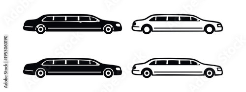 Limousine Car Icons. Black and White Vector Symbols of Luxury Transport for Celebrations and Events.