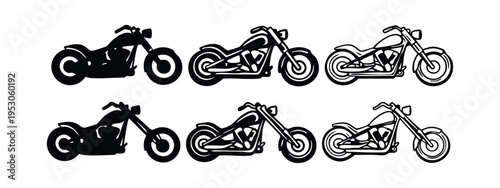Cruiser Motorcycle Icons. Black and White Vector Symbols of Classic Motorbikes for Riders.