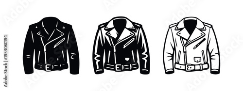 Leather Biker Jacket Icons. Black and White Vector Symbols of a Classic Motorcycle Rider's Outfit.