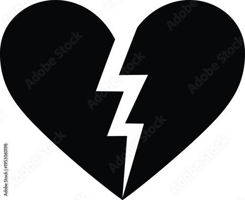 Broken heart black icon, sad divorce symbol, heartbreak split vector illustration, crack love shape, end of relationship graphic, mourning