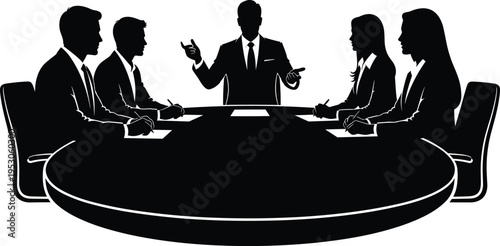 Business meeting silhouette vector illustration, executive team conference at round table, corporate leadership discussion and professional collaboration workshop session