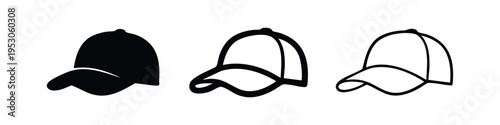 Casual Baseball Cap Icon Set. Modern headwear vector illustration in solid and outline styles.
