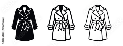 Trench Coat Icon Set. Classic and elegant outerwear vector illustration in solid and outline styles.