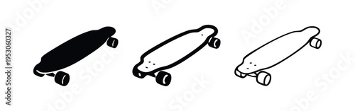 Longboard Skateboard Icon Set. Cruising and carving sports vector illustration in solid and outline styles.
