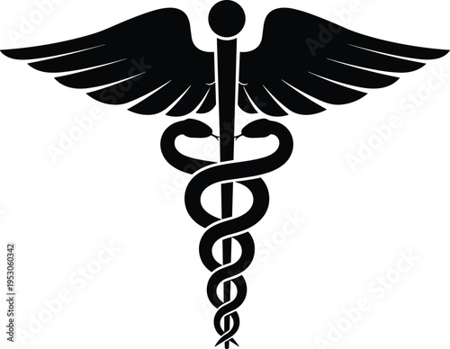 Caduceus medical symbol, winged staff with two snakes, healthcare emblem for pharmacy, medicine, and clinical professional health services.