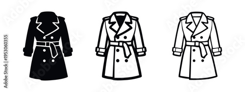 Fashionable Trench Coat Icon Set. Stylish outerwear vector illustration in solid and outline styles.