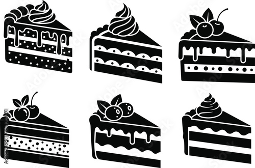 Cake slice silhouettes, delicious dessert icons, sweet bakery treats, chocolate layered pastry, cherry topping food, cream gateau symbols, gourmet bakery menu