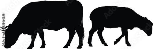 Two black silhouettes of cows grazing side by side in a peaceful landscape