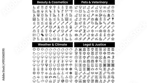 Large set of 400 black line vector icons for Beauty & Cosmetics, Pets & Veterinary, Weather & Climate, and Legal & Justice categories, ideal for web, app, and UI design.