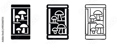 Mushroom Terrarium Display Icons, Fungi Cultivation Box Symbol Set, Decorative Plant Ecosystem Illustration