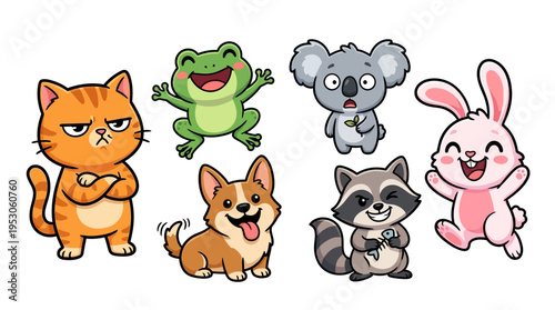 Cartoon animals group smiling cute faces.